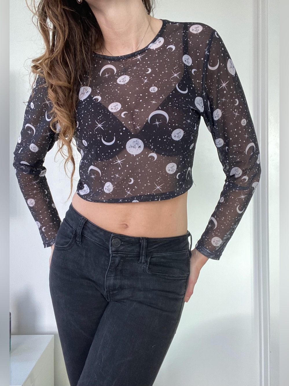Celestial see-trough black mesh long sleeve crop top